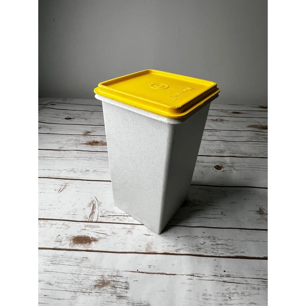 Tupperware Canister White Speckled Yellow Lid Vintage Square 9 Inch